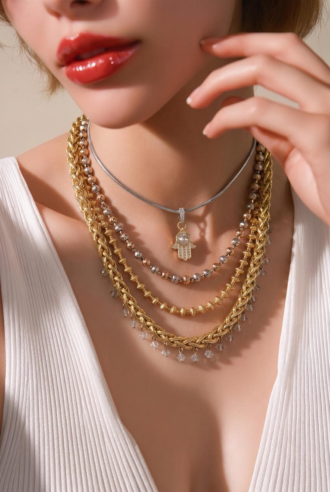 Hamsa Triplet Altın Çelik Kolye Seti