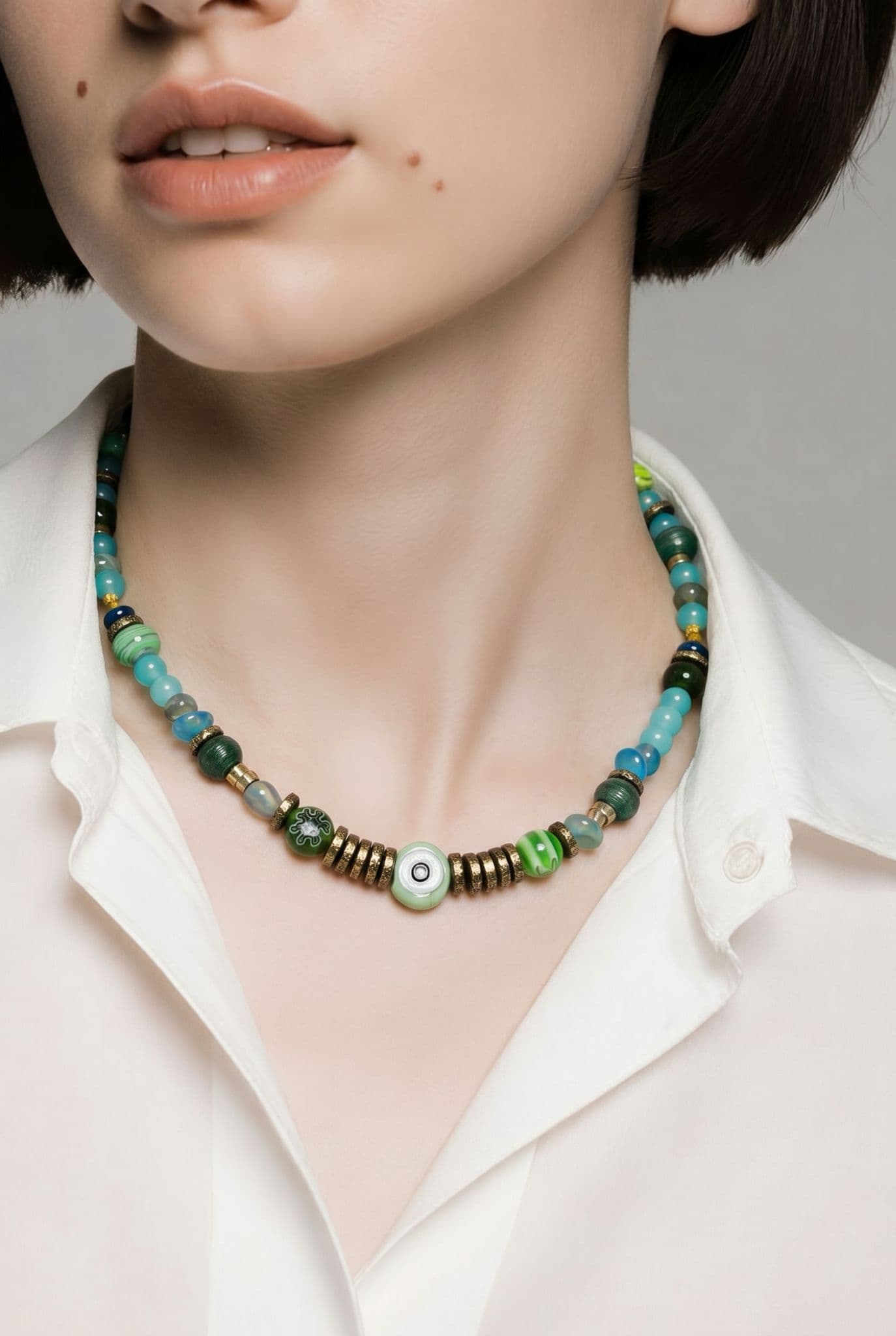 Yesil Akik Nazar Boncuklu Choker Kolye