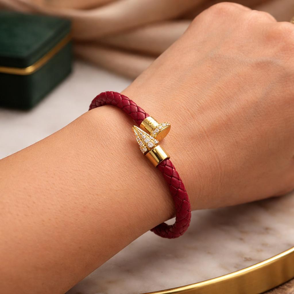 Bordo Örgü Deri Çivi Bileklik