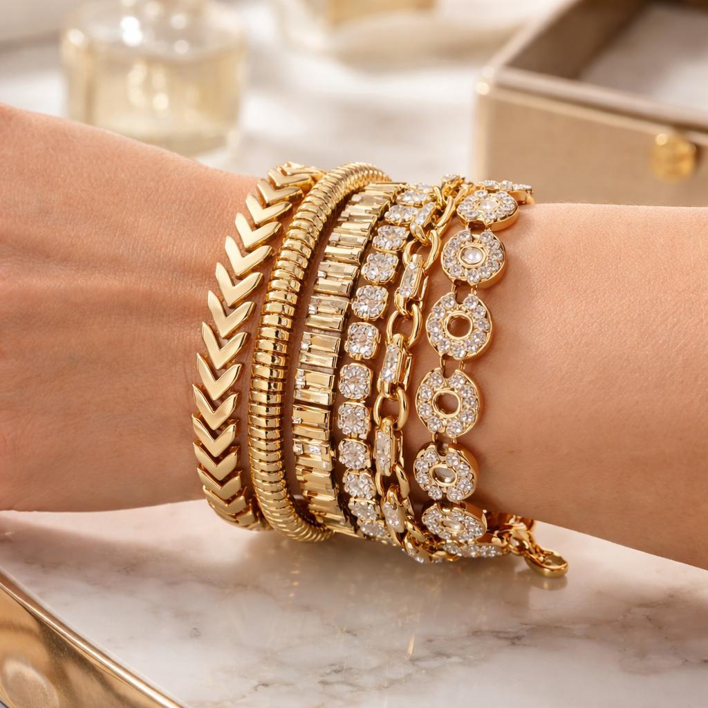 Altın Katmanlı Zirkon Bileklik Seti