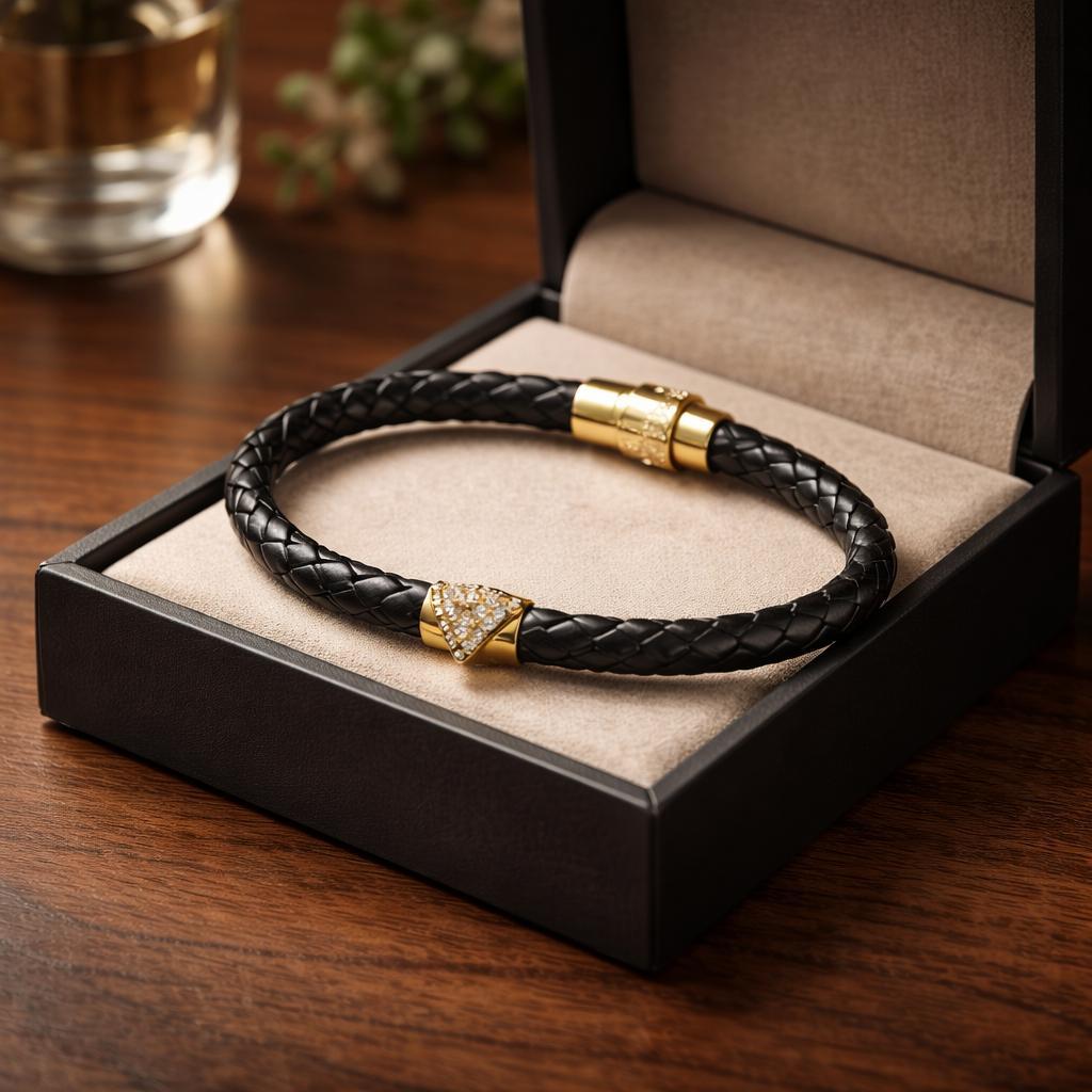 Onix Orgu Deri Altin Kilitli Erkek Bileklik